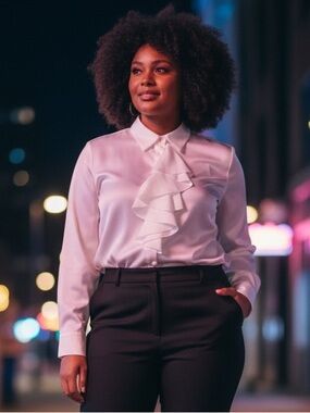 Vintage Classic Ruffle Front Women's Blouse - Cream